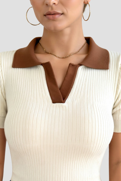 Stilfuld Ribbet Krave Strikket Top med Farveblok i Polo Shirt Design Dame