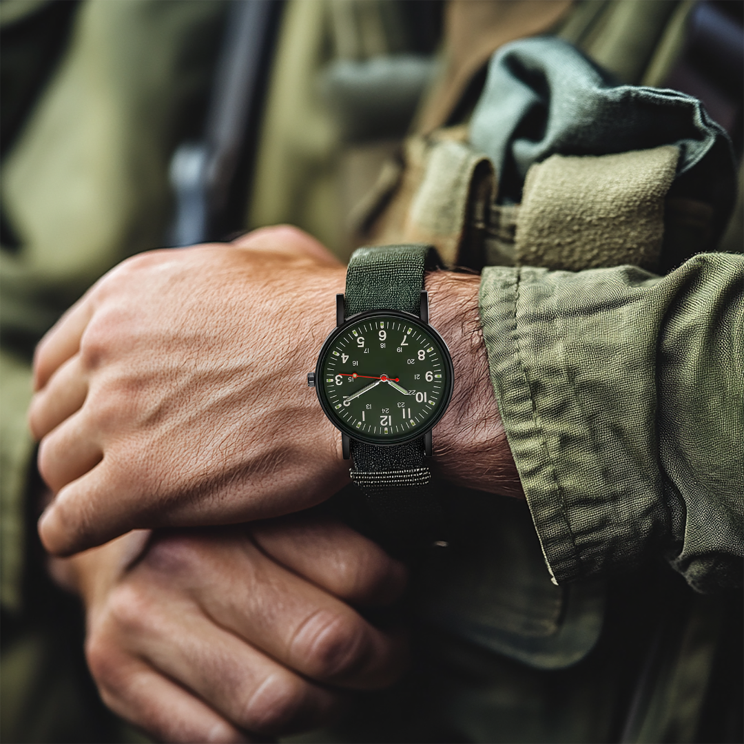 Militær‑inspireret afslappet herreur – vintage analogt sportsur med kvarts og stofrem