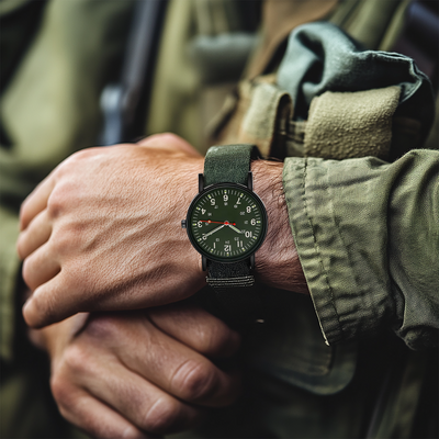 Militær‑inspireret afslappet herreur – vintage analogt sportsur med kvarts og stofrem