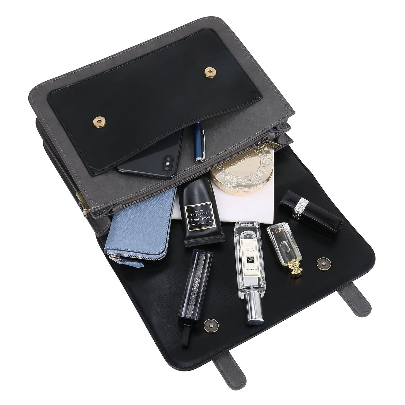 Satchel med Sløjfedetalje – Tidløs Lædertaske i Sort og Grå