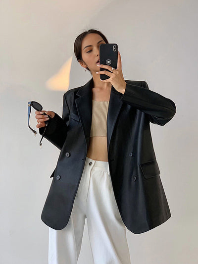 Tessa | Oversized Kunstlæder Blazer med Reverskrave Blazer Dame