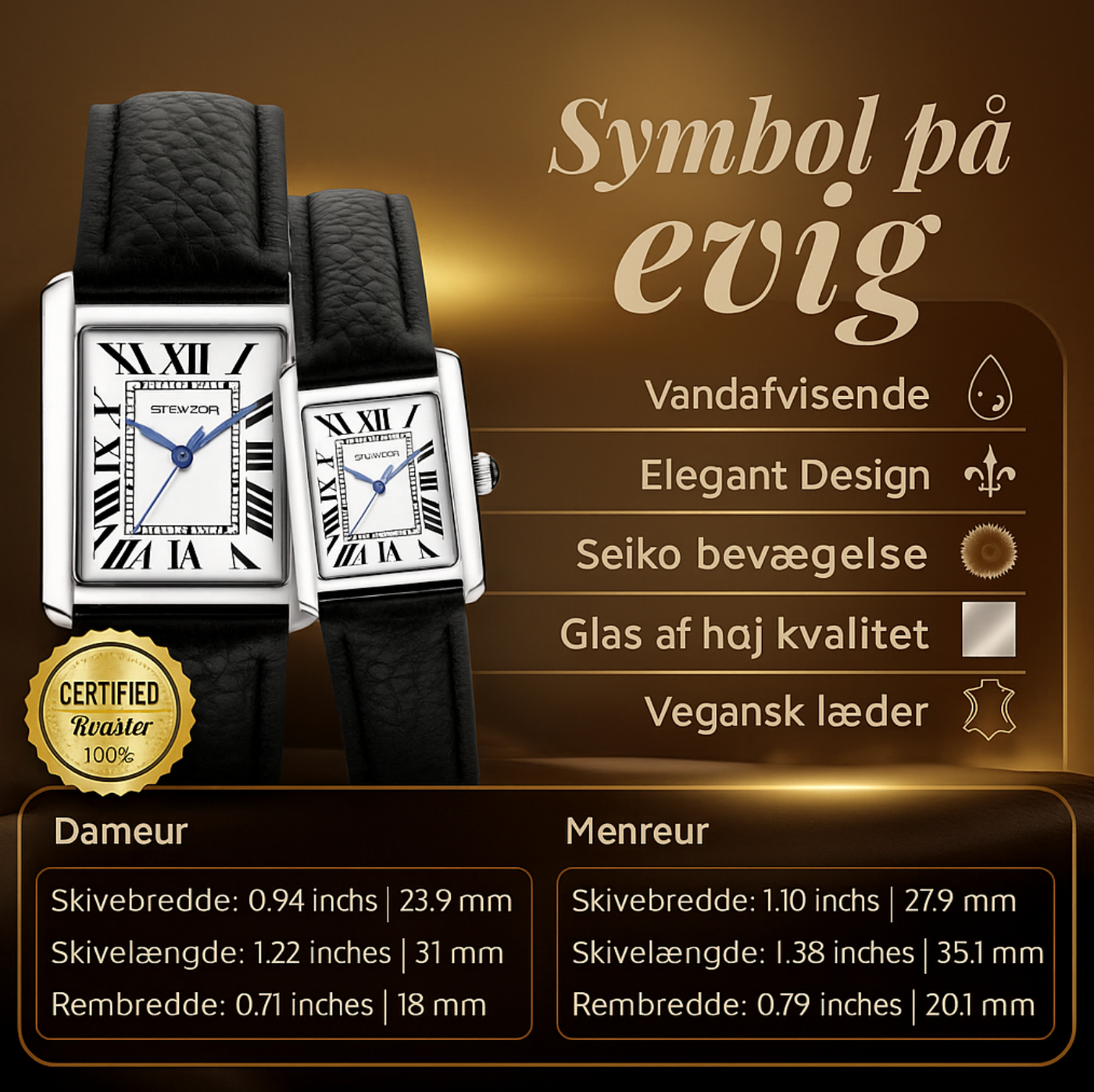 Stilfuldt firkantet par ur – klassisk analogt kvarts herreur & dameur, romantisk parur sæt