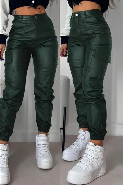 Malene | Høj Talje Faux Læder Cargo Bukser Dame