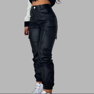 Malene | Høj Talje Faux Læder Cargo Bukser Dame